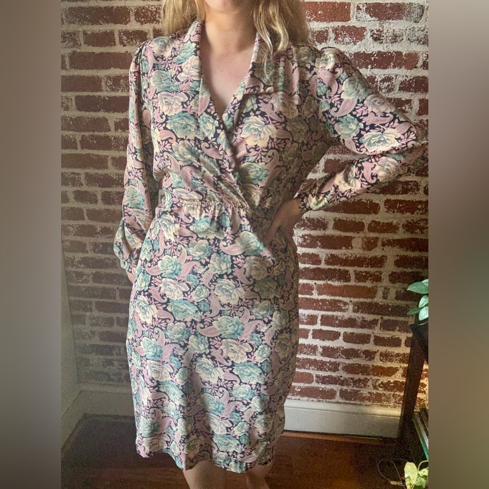 Vintage muted pink and green floral long sleeve dress